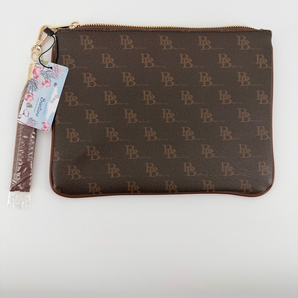 Brentano Monogram Wristlet Clutch Brown Zip‎ Pouch Wallet NWT Dust Bag Included